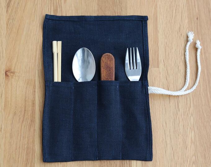 Reusable Cutlery Roll, Navy blue linen Cutlery Wrap for travel, Zero Waste Utensils Holder for Picnic