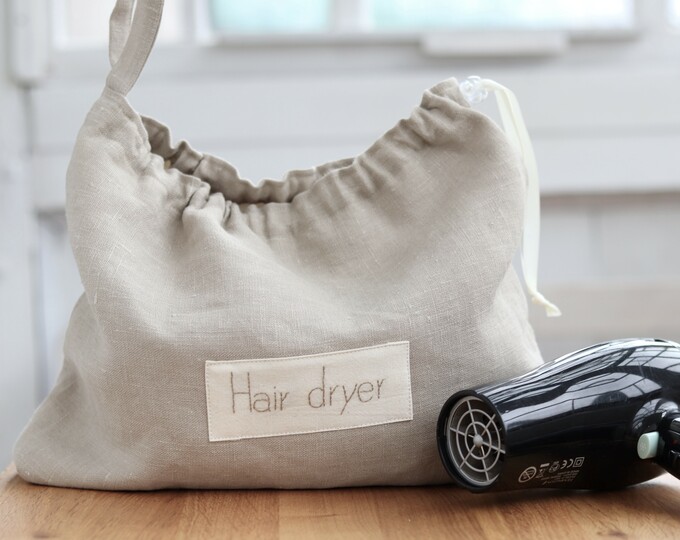 Hair dryer beige linen bag, hotel bathroom hair dryer organizer storage holder, hair accessories bag