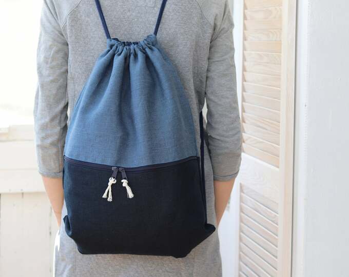 Linen backpack with pocket, Lightweight travel gift for her or him