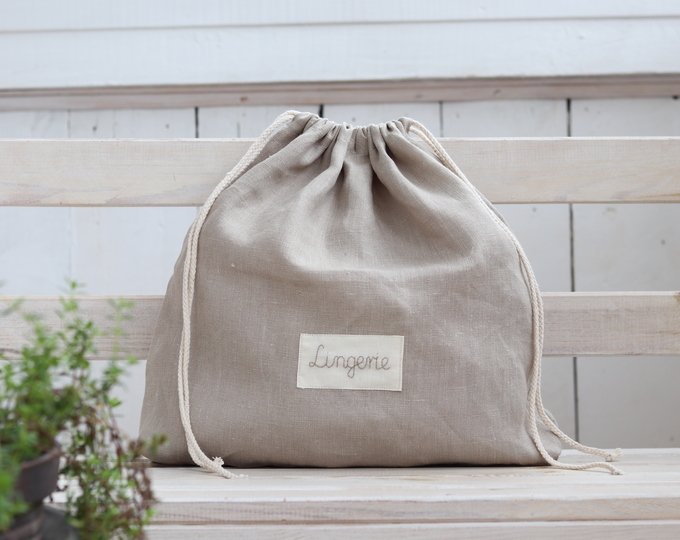 Linen lingerie bag, Laundry travel bag, beige custom label travel accessories, shoe bag, honeymoon gift, underwear bag