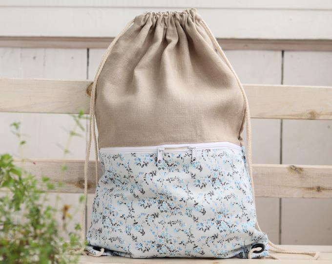 Linen backpack with zippered pocket, Cotton lightweight travel gift for her, drawstring floral backpack for woman, rucksack, turnbeutel