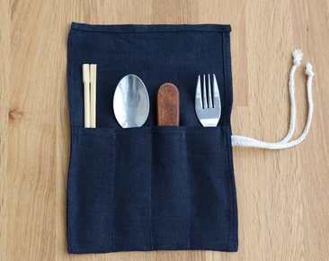 Reusable Cutlery Roll, Navy blue linen Cutlery Wrap for travel, Zero Waste Utensils Holder for Picnic