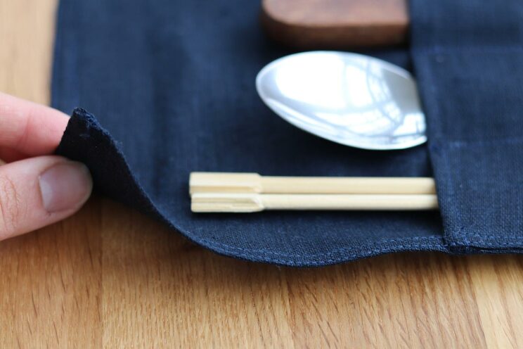 Reusable Cutlery Roll Navy Blue Linen, Personalized Cutlery Wrap For Travel, Zero Waste Utensils Holder For Picnic