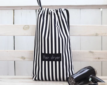 Hair dryer bag, black white stripes hair dryer holder, personalized blow dryer organizer, flannel lining, nautical hair accessories bag