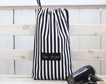Sac de sèche-cheveux, porte-sèche-cheveux à rayures blanches noires, organisateur de sèche-cheveux personnalisé, doublure en flanelle, sac d'accessoires pour cheveux nautiques