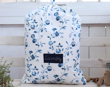 Personalized Laundry Hamper, Cotton floral laundry organizer, Blue and white nursery dirty clothes tote