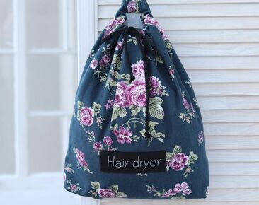Hair dryer bag, floral blow dryer holder, English style decor, hair accessories organizer, hair dryer bag with name