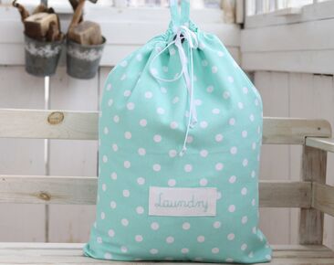 Personalized kids laundry hamper, turquoise baby polka dot laundry storage bag