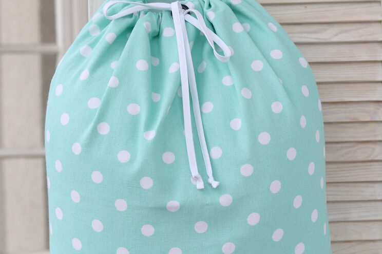 Personalized Kids Laundry Hamper, Turquoise Baby Polka Dot Laundry Storage Bag