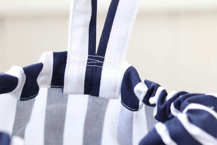 Laundry Hamper For College With Navy Blue Stripes And Personalized Cotton Label