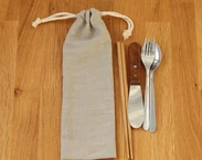 Linen Zero Waste Utensils Wrap, Beige Reusable Cutlery Holder for travel, Drawstring pouch for Picnic 