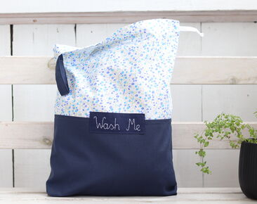 Travel lingerie bag with name, floral fabric dirty clothes bag, kids travel accessories, navy blue travel laundry bag, underwear bag