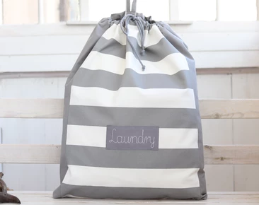 Personalized Laundry Hamper, Cotton grey stripes laundry organizer for dirty clothes, Nursery Storage