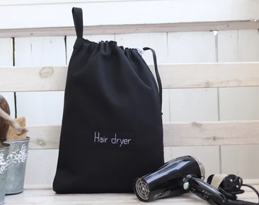 Hårtørrertaske, sort føntørretaske, hårtørrer i tyk bomuld, holder til hårtilbehør, personlig hårtørrertaske