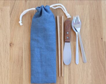 Linen Zero Waste Utensils Wrap, Blue Grey Reusable Cutlery Holder for travel, Drawstring pouch for Picnic 
