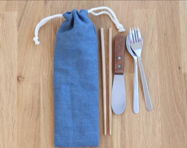 Envoltura de utensilios de lino sin residuos, soporte para cubiertos reutilizable azul gris para viajes, bolsa con cordón para picnic