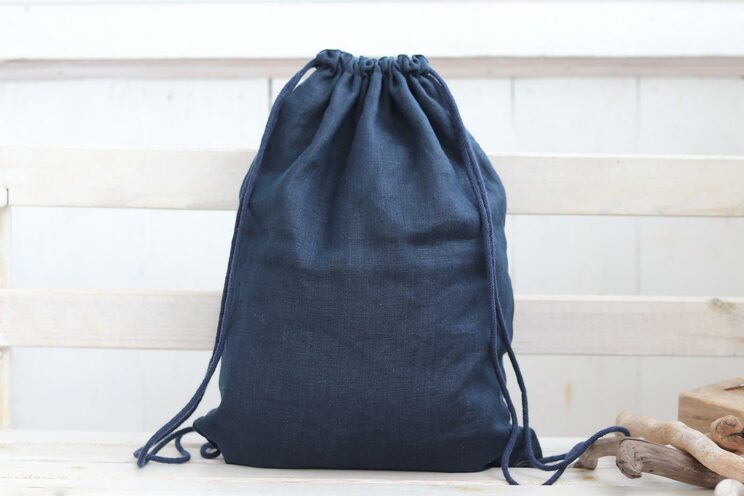 Linen Drawstring City Backpack For Man Or Woman With Pocket, Lightweight Navy Blue Travel Gift For Her Or Him 40x30cm ~