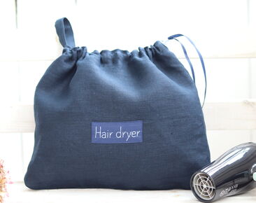Porte-sèche-cheveux bleu marine élégant pour hôtel, sac de sèche-cheveux en lin avec nom, organisateur de sèche-cheveux personnalisé, rangement d'accessoires pour cheveux