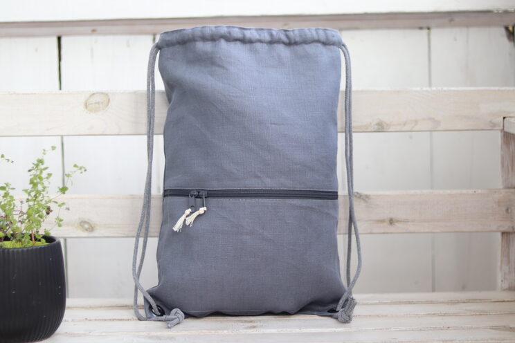 Gray Linen Personalized Drawstring Backpack With Cotton Lining And Zippered Pocket Bigger Size