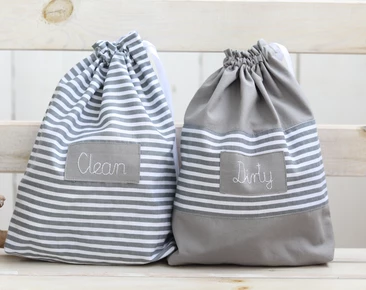 Personalizirane putne torbice za djecu, sive pruge za čisto i prljavo donje rublje u vrtiću, dječji organizator putovanja, putni poklon za bebu
