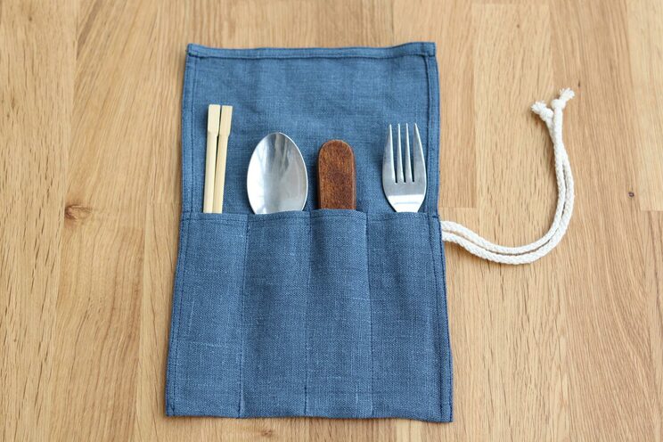 Reusable Grey Blue Linen Cutlery Roll, Personalized Wrap For Travel, Zero Waste Utensils Holder For Picnic