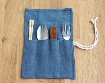 Reusable Grey blue linen Cutlery Roll, Personalized Wrap for travel, Zero Waste Utensils Holder for Picnic
