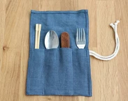 Reusable Grey blue linen Cutlery Roll, Personalized Wrap for travel, Zero Waste Utensils Holder for Picnic