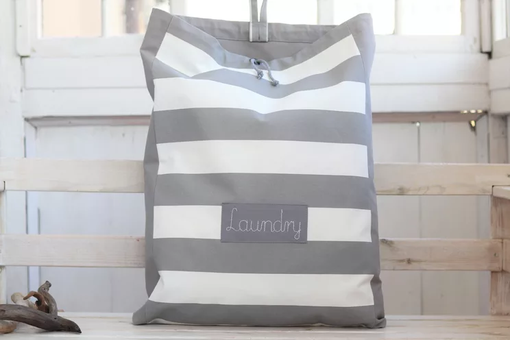Personalized Laundry Hamper, Cotton Grey Stripes Laundry Organizer For Dirty Clothes, Nursery Storage
