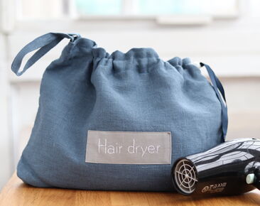 Bolsa para secador de pelo para casa de playa, soporte para secador de pelo de lino azul para baño de hotel, bolsa para secador de pelo, organizador para secador de pelo, almacenamiento para secador de pelo, soporte para secador de pelo, bolsa para accesorios para el cabello