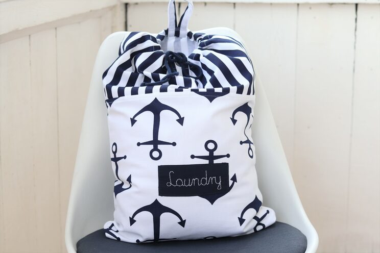 Laundry Hamper For College With Navy Blue Stripes And Personalized Cotton Label