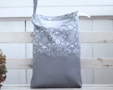 Travel lingerie bag with name, cotton dirty clothes bag, Gray folk pattern travel accessories, oriental flower 50x40