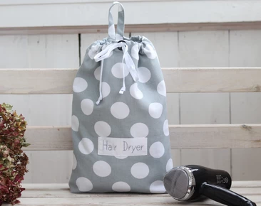 Hair dryer bag, polka dot blow dryer bag, thick cotton hair dryer organizer, hair accessories holder, personalized hair dryer bag