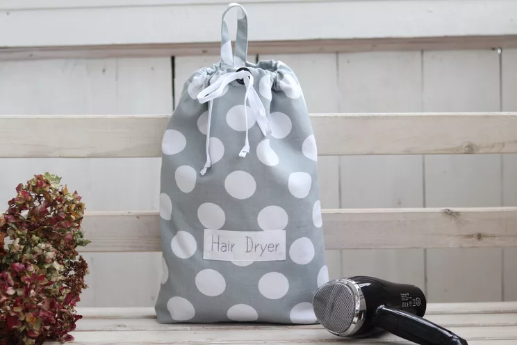 Hair dryer bag, polka dot blow dryer bag, thick cotton hair dryer organizer, hair accessories holder, personalized hair dryer bag