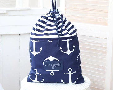 Personalized cotton laundry bag, navy blue stripes laundry hamper for college, nautical lingerie camp bag
