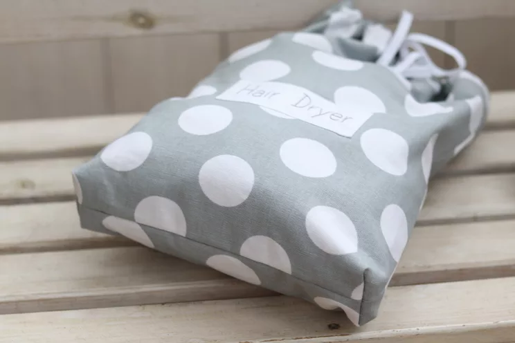 Hair dryer bag, polka dot blow dryer bag, thick cotton hair dryer organizer, hair accessories holder, personalized hair dryer bag
