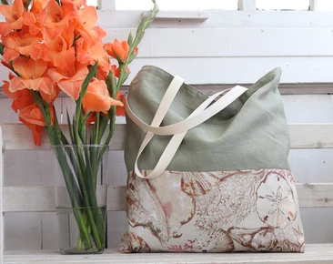 Linen Large Beach bag, Natural summer tote bag, Seashells pattern, Coastal summer bag 
