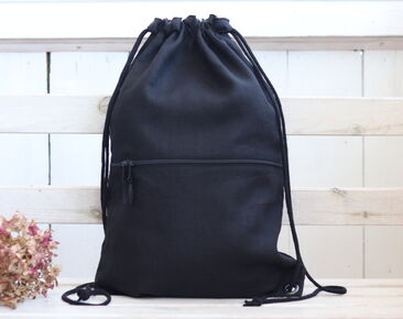 Eleganter schwarzer Leinen-Rucksack mit Kordelzug, größere Größe