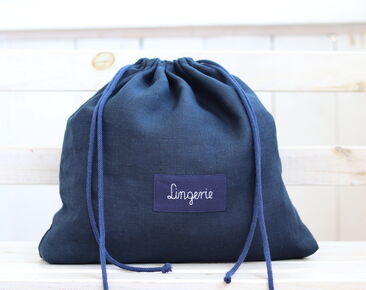 Linen lingerie bag, Laundry travel bag, custom label travel accessories, navy blue shoe bag, honeymoon gift, underwear bag