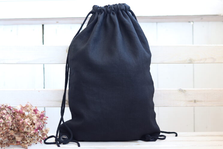 Elegant Black Linen Drawstring Backpack Bigger Size