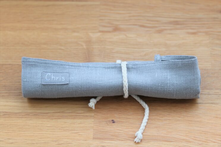 Reusable Cutlery Roll, Grey Linen Cutlery Wrap For Travel, Zero Waste Utensils Holder For Picnic