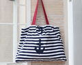 Everyday Tote Bag Stripes Thick Cotton, Beach Bag For Woman With Pockets