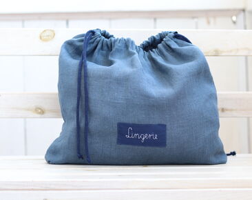Lininio apatinio trikotažo skalbimo krepšys, skirtas kelionėms mėlynos spalvos individualizuotos etiketės kelionių priedai