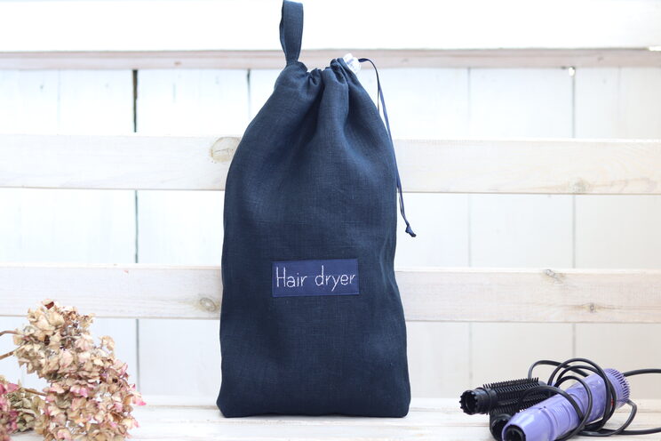 Dark Navy Blue Linen Blow Dryer Organizer, Hair Dryer Bag, Elegant Hair Curler Storage, Hair Straightener Holder, Hair