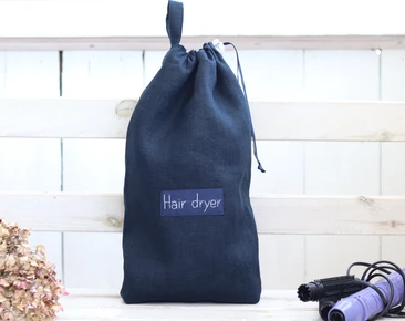 Dark navy blue linen blow dryer organizer, Hair dryer bag, Elegant hair curler storage, hair straightener holder, hair accessories