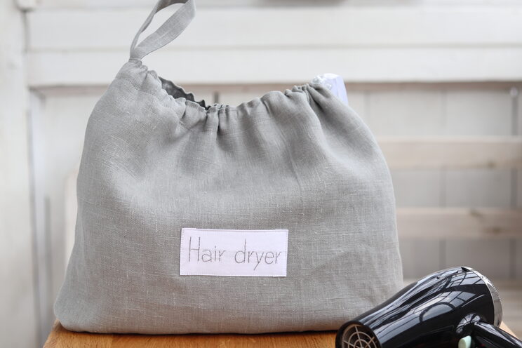 Grey Linen Hair Dryer Bag For Beach House, Airbnb Blow Dryer Holder, Hotel Bathroom Hairdryer Organizer, Hair