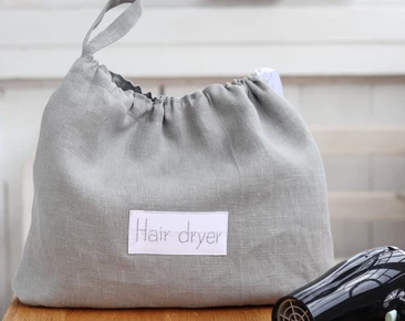 Grey Linen hair dryer bag for beach house, Airbnb blow dryer holder, hotel bathroom hairdryer organizer, hair accessories storage