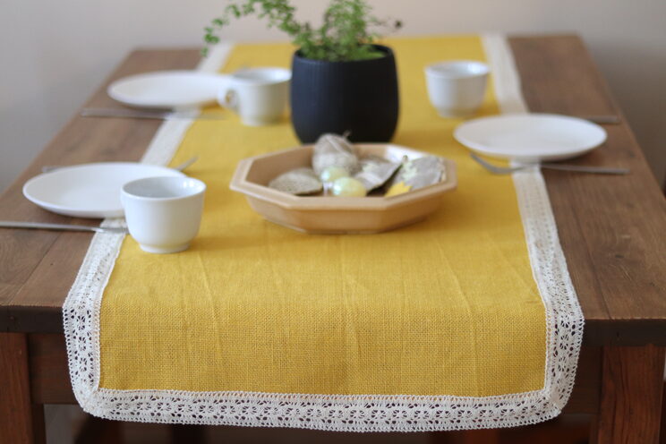 Easter Table Runner, Yellow Linen With Lace