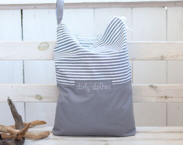 Travel Lingerie Bag for dirty clothes with name, kids travel accessories, gray striped fabric travel laundry bag, underwear bag