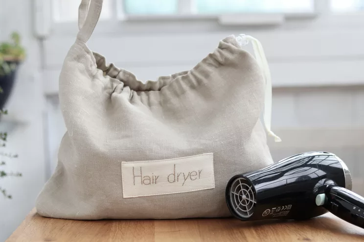Beige linen Hair dryer bag, hotel bathroom hair dryer organizer storage holder, Beach house hair accessories bag