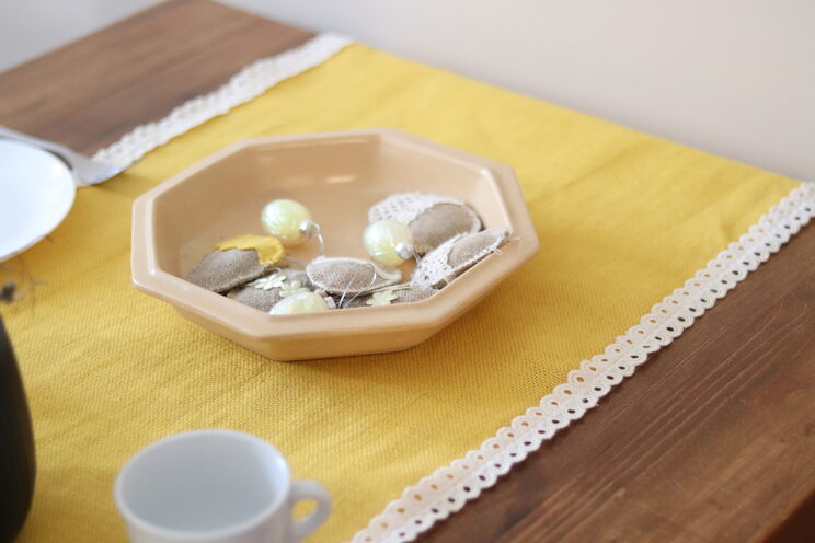 Yellow Easter Table Runner, Linen Decorations With Lace